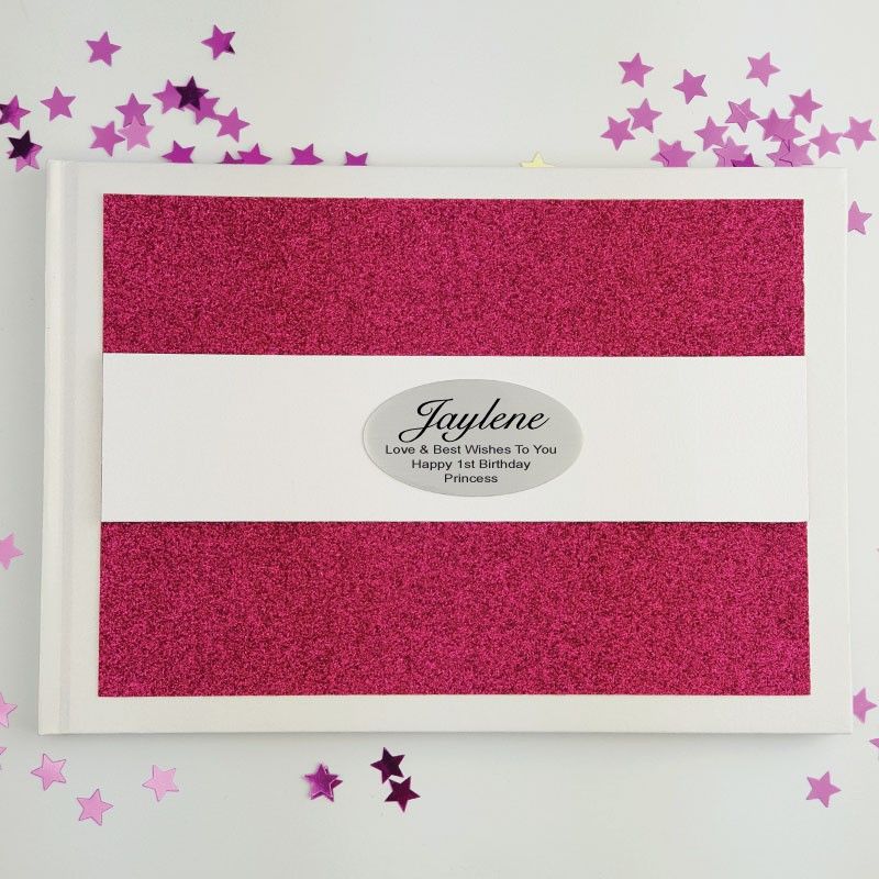 Personalised 1st Birthday Guest Book- Pink Glitter