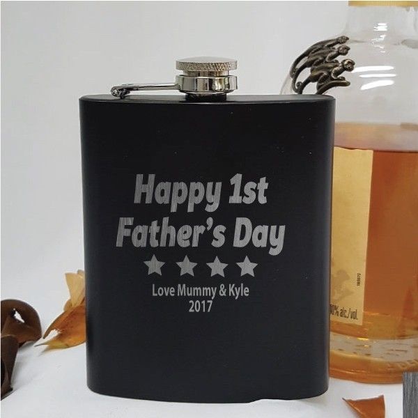 First Fathers Day Engraved Personalised Black Hip Flask