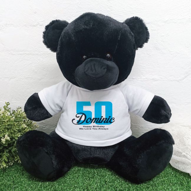 50th Birthday Personalised Black Bear with T-Shirt 40cm