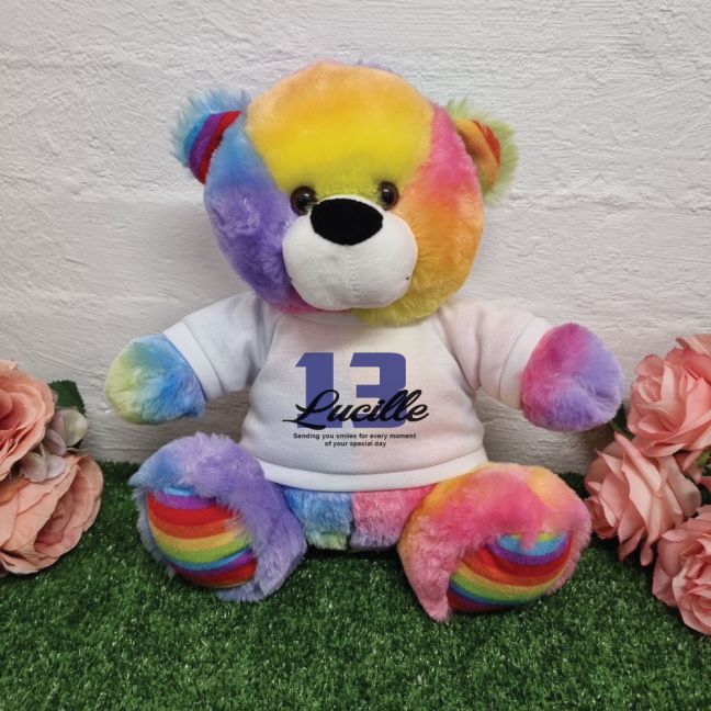 Personalised 13th Birthday Bear Rainbow Plush 30cm