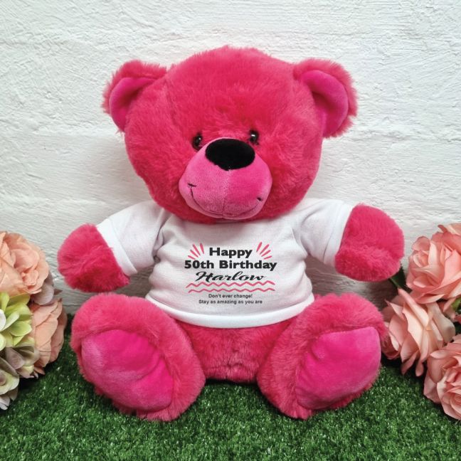Personalised 50th Birthday Party Bear Hot Pink Plush 30cm