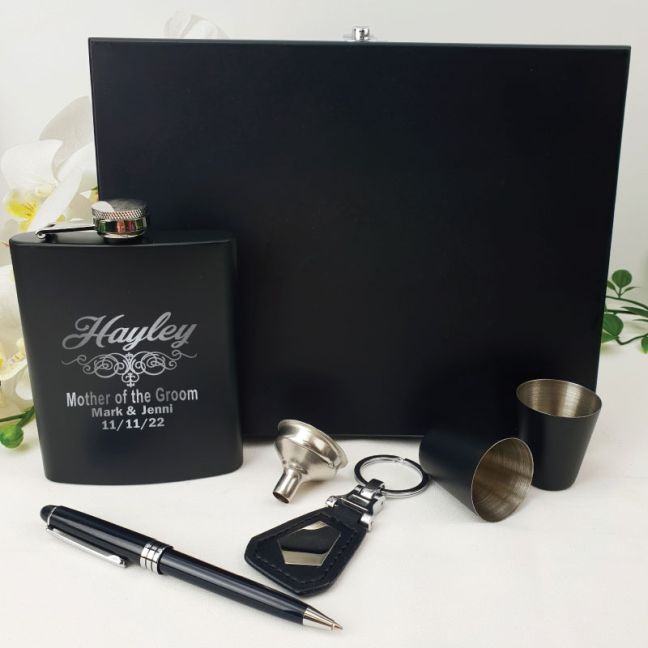 Mother of the Groom Engraved Black Flask Set in  Gift Box