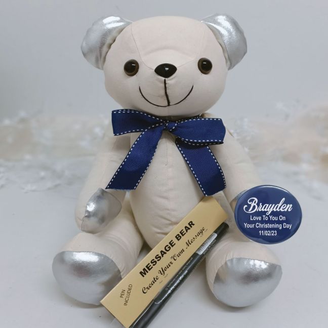 Personalised Christening Signature Bear - Blue Bow