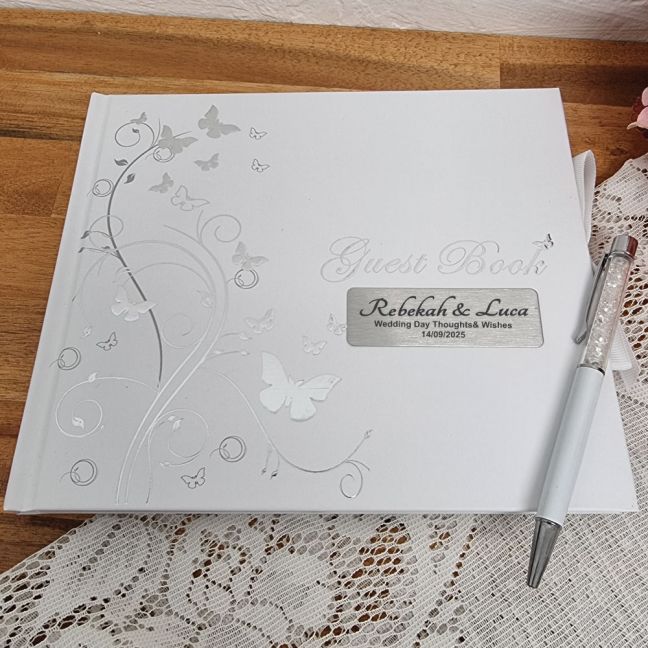 Personalised Wedding Guest Book White Silver Butterfly