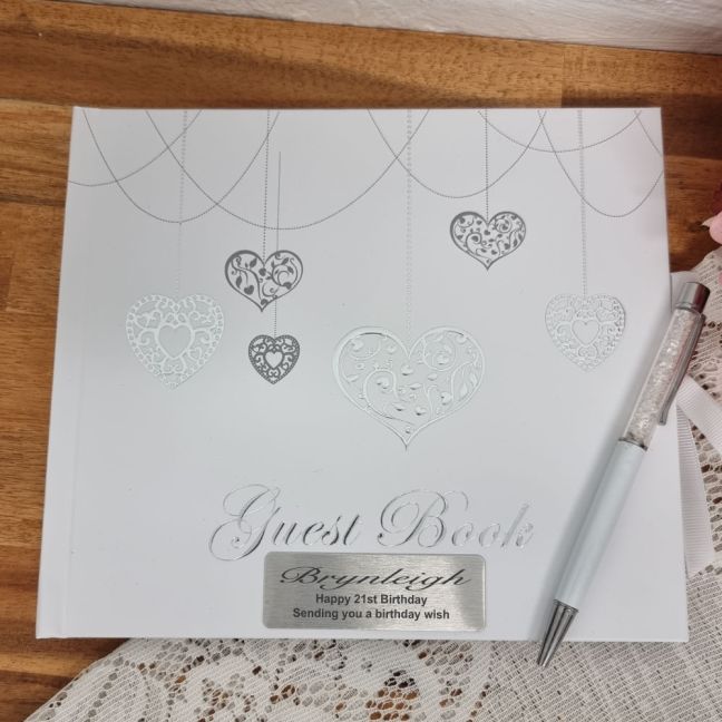Personalised 21st Birthday Guest Book White Silver Hearts