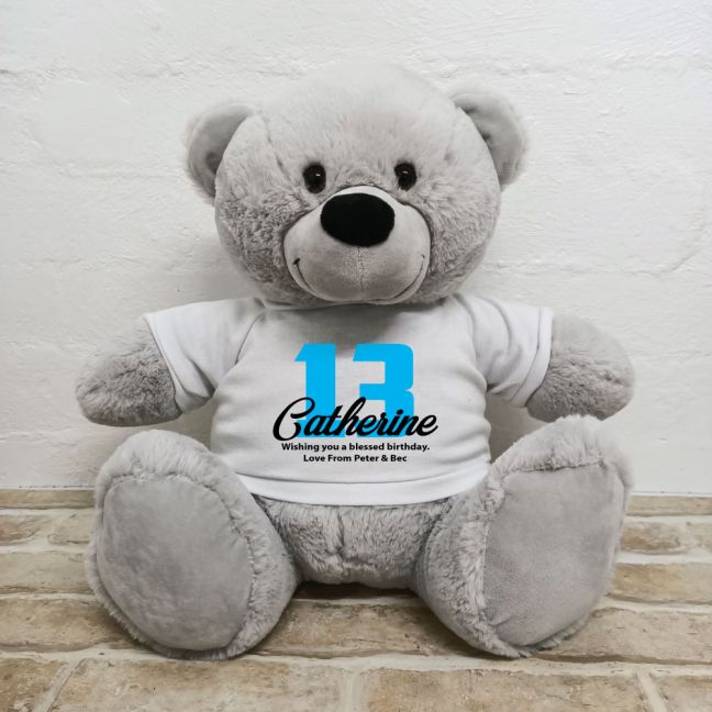 13th Birthday Personalised Bear with T-Shirt - Grey 40cm