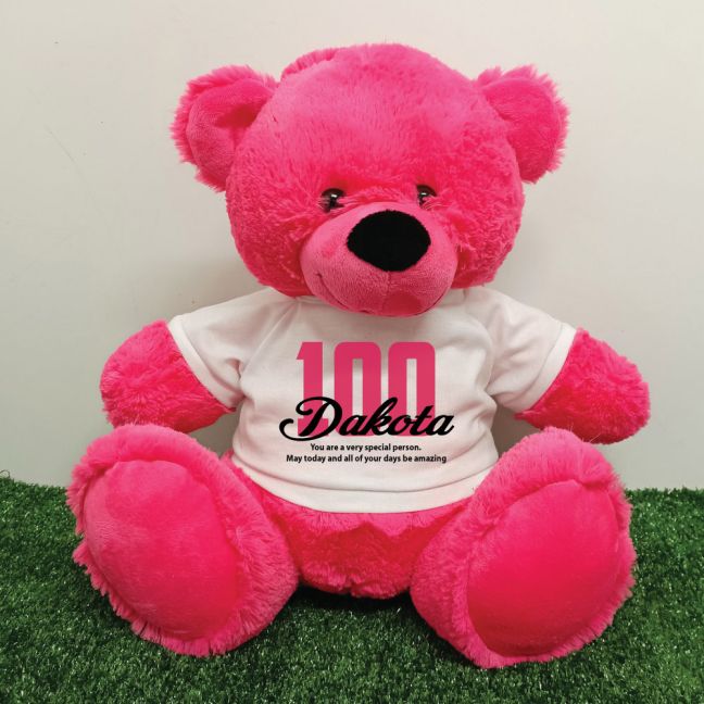 100th Birthday Personalised Bear with T-Shirt - Hot Pink 40cm
