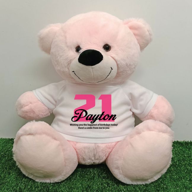 21st Birthday Personalised Bear with T-Shirt - Light Pink 40cm