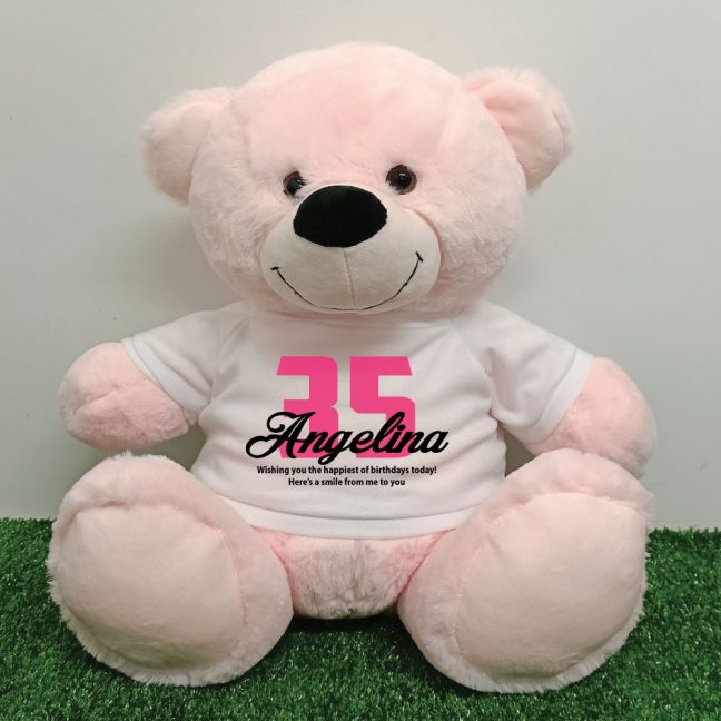 Birthday Personalised Bear with T-Shirt - Light Pink 40cm
