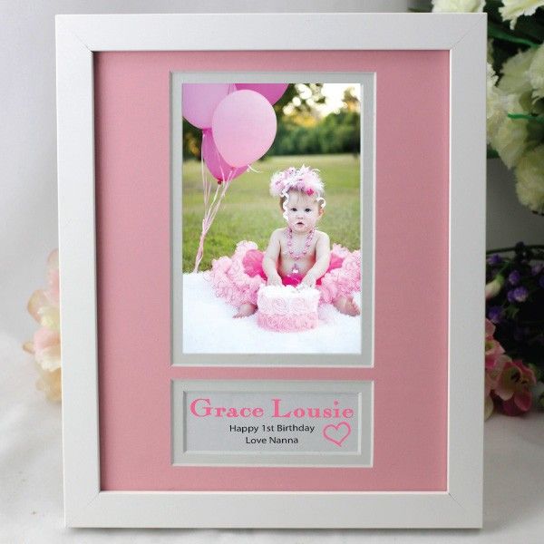 Personalised 1st Birthday  Photo Frame 4x6 White Wood Pink