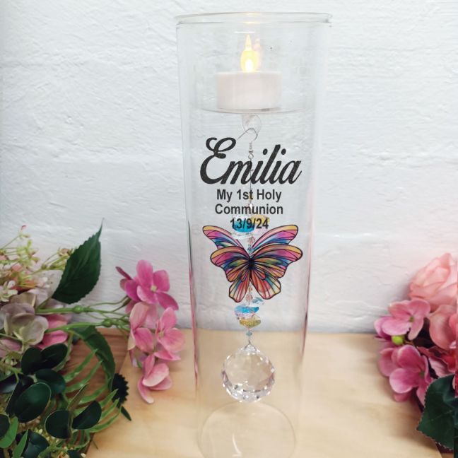 1st Communion Glass Candle Holder Rainbow Butterfly