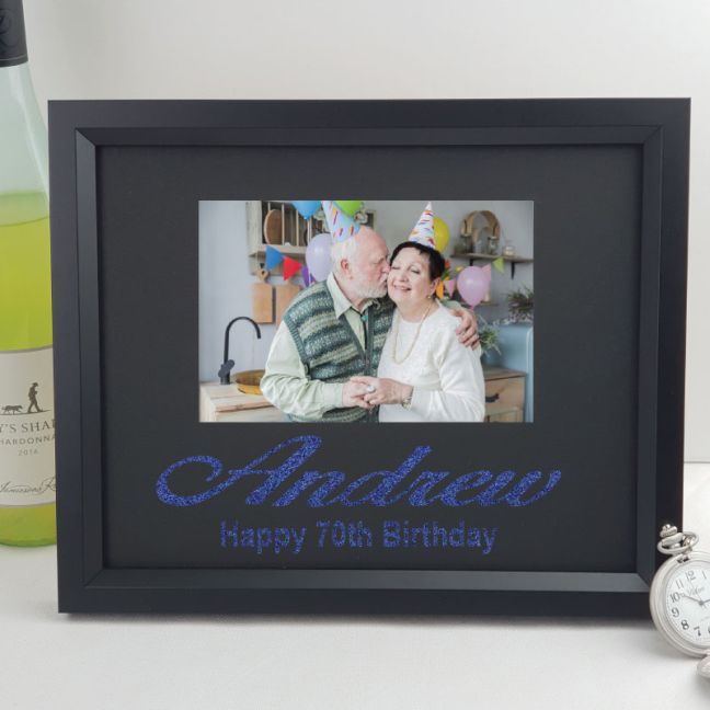 70th Birthday Personalised Photo Frame 4x6 Glitter- Black