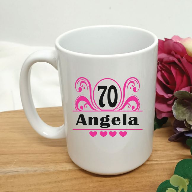 70th Birthday Personalised Coffee Mug - Swirl 15oz