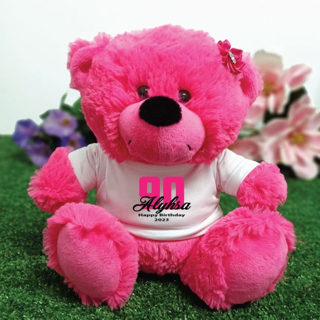 90th Birthday Personalised Teddy Bear Hot Pink Plush