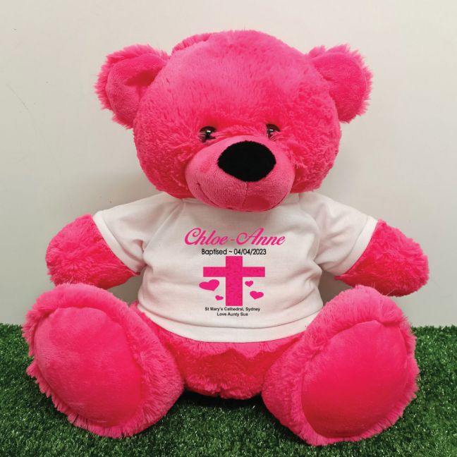 Baptism Personalised T-Shirt Bear 40cm Hot Pink