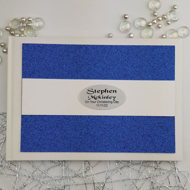 Personalised Christening Guest Book- Blue Glitter