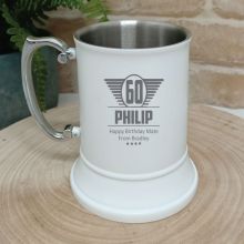 60th Birthday Engraved Stainless Steel White Beer Stein (M)