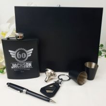 60th Birthday Engraved Black Flask Set in Wood Box