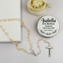 Christening Pearl Heart Rosary Beads Personalised Tin