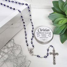 Baptism Blue Diamante Rosary Beads Personalised Tin