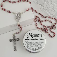 Red Diamante Rosary Beads Personalised Tin