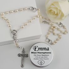 Baptism Pearl Rosary Beads Personalised Tin