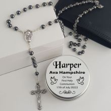 Holy Communion Rosary Beads Hematite Personalised Tin