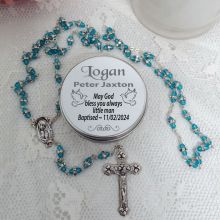 Baptism Rosary Beads Aqua Diamante Personalised Tin