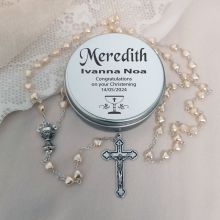 Heart Pearl Rosary Beads in Christening Tin