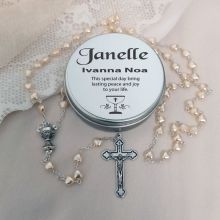 Heart Pearl Rosary Beads in Personalised Tin