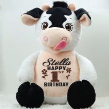 Personalised Birthday Huggles Cow Cubbie Plush