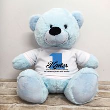 1st Birthday Personalised Bear with T-Shirt - Light Blue 40cm