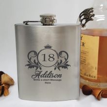 18th  Birthday Engraved Personalised Silver Hip Flask (F)