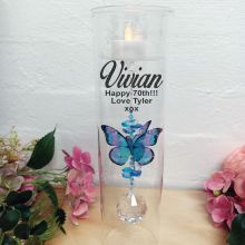 70th Birthday Glass Candle Holder Blue Butterfly