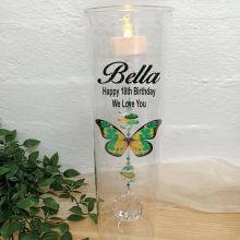 18th Birthday Glass Candle Holder Green Butterfly