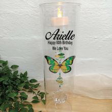 60th Birthday Glass Candle Holder Green Butterfly