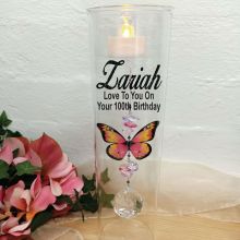 100th Birthday Glass Candle Holder Pink Butterfly