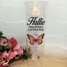 Personalised Glass Candle Holder Pink Butterfly