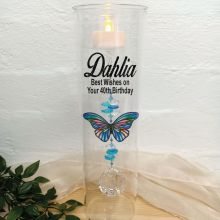 40th Birthday Glass Candle Holder Blue Stripe Butterfly