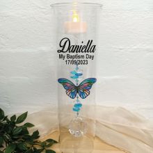 Baptism Glass Candle Holder Blue Stripe Butterfly