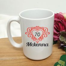 70th Birthday Personalised Coffee Mug Filigree Heart 15oz