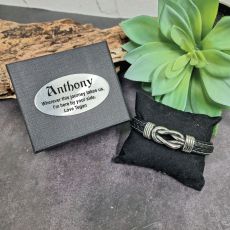 Black Leather Hand-woven Bracelet  In Gift Box