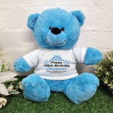 100th Birthday party Bear Bright Blue Plush 30cm