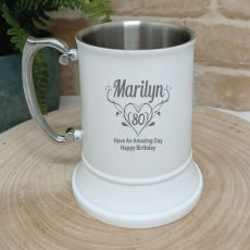 80th Birthday Engraved Stainless Steel White Beer Stein (F)