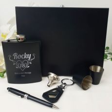 18th Birthday Engraved Black Flask Set in Wood Box (F)