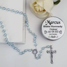 Christening Blue Pearl Rosary Beads Personalised Tin