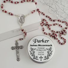 Christening Red Diamante Rosary Beads Personalised Tin