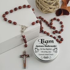Baptism Wooden Rosary Beads Personalised Tin