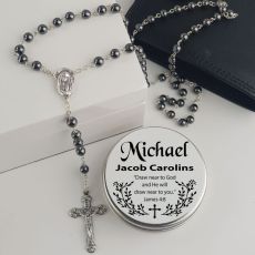 Hematite Rosary Beads Personalised Tin