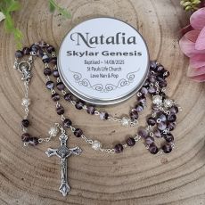 Baptism Amethyst Rosary Beads Personalised Tin